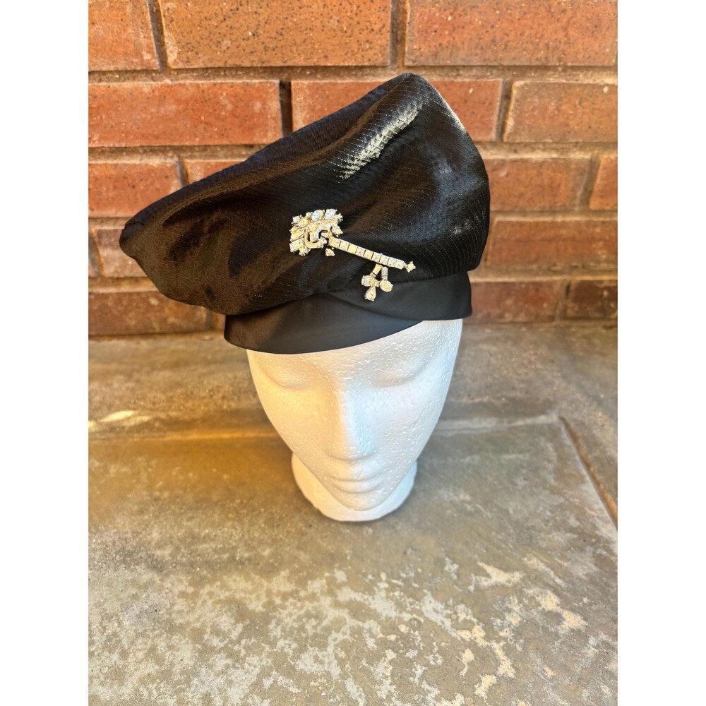 Black Satin Formal Hat 1950s/60s with Rhinestone Key Pin Detail